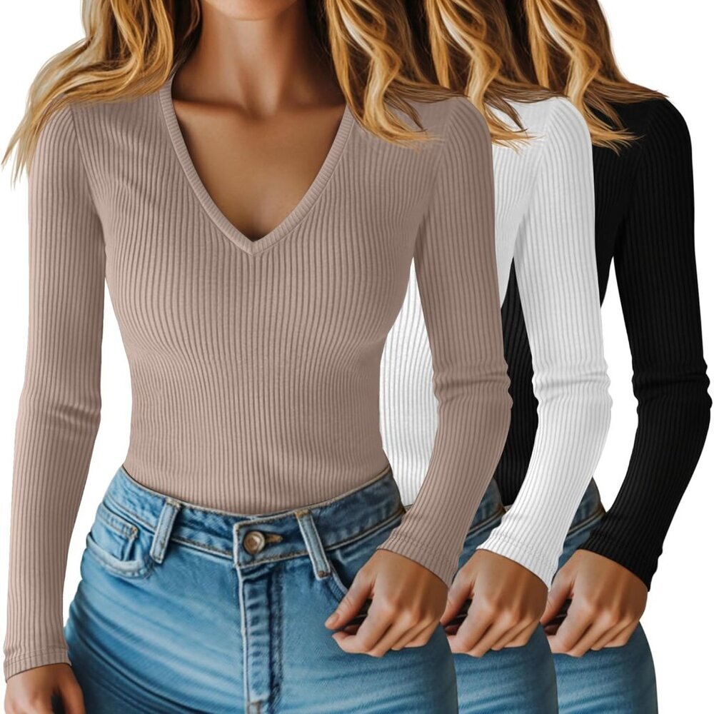 Women Long Sleeve Cotton Blend Ribbed V Neck Slim Fit Tops 3 Pack